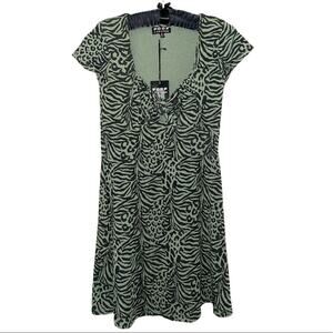 Poof New York Animal Print Sage Green Front Tie Cap Sleeve Mini T-shirt Dress S